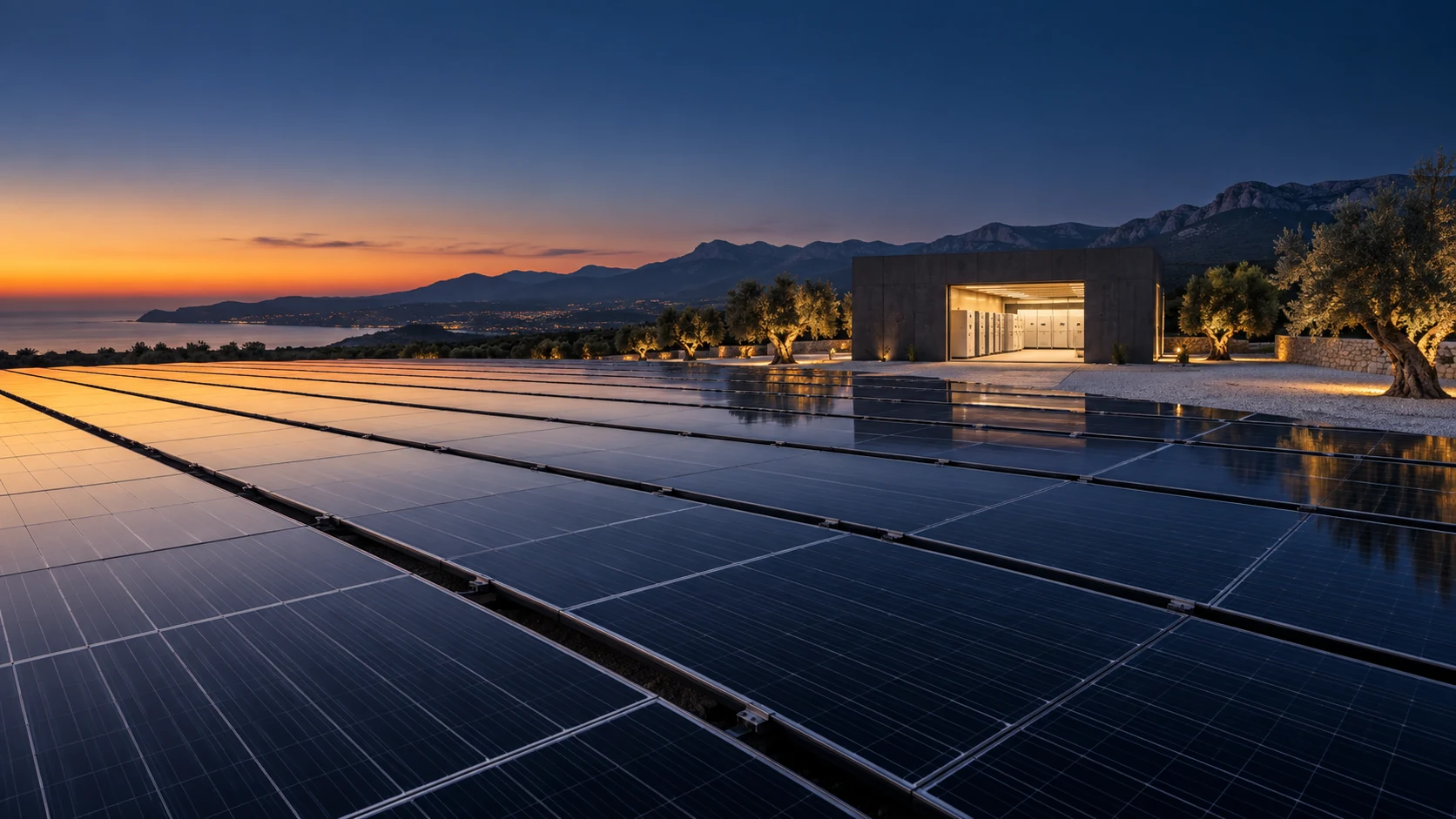 Visualización de placas solares al atardecer junto a una sala técnica